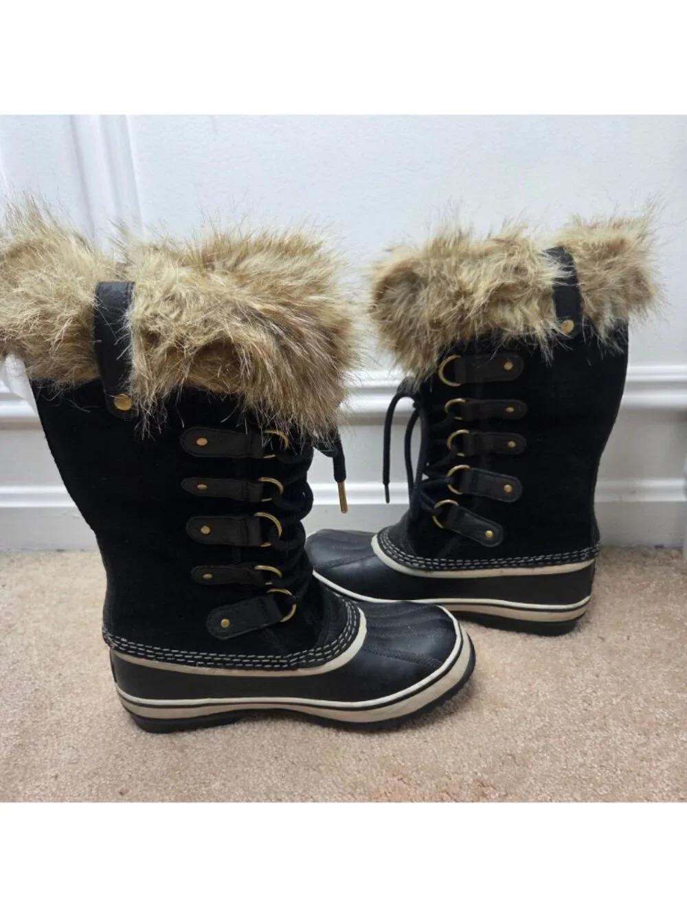 Sorel Joan of Arctic Black Suede Winter Snow Boots Tall Faux Fur Lined 7.5